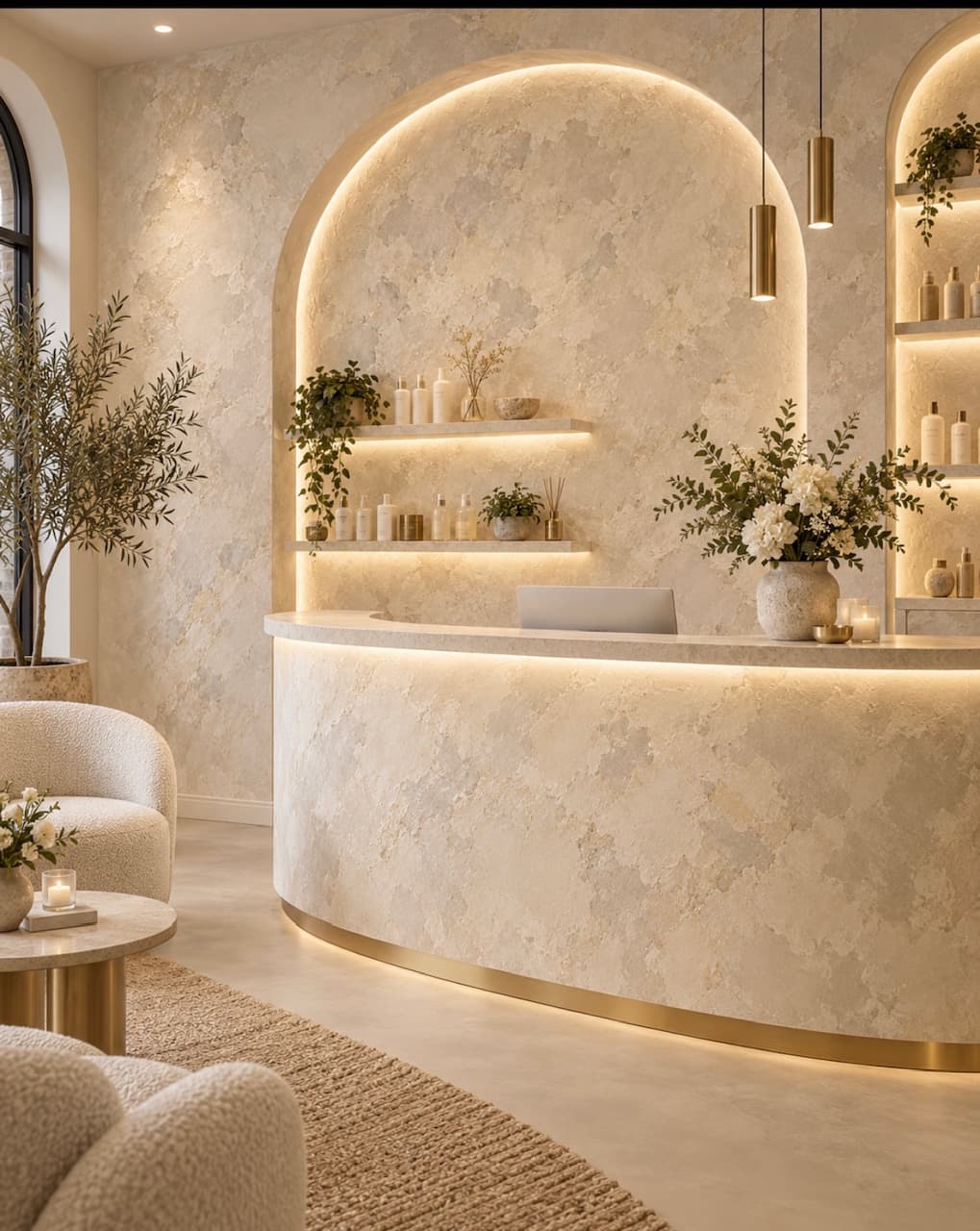 Decorative arch with built-in LED lighting and textured plaster finish